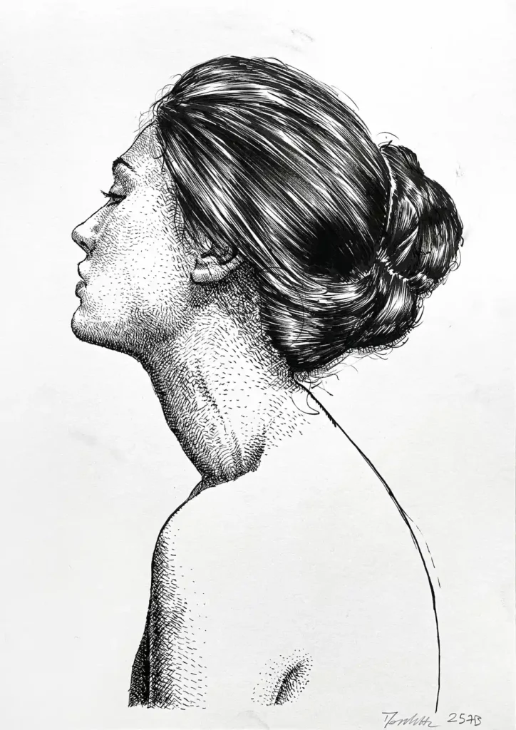 Female ink drawing for sale, profile portrait of a woman with detailed black ink shading on paper