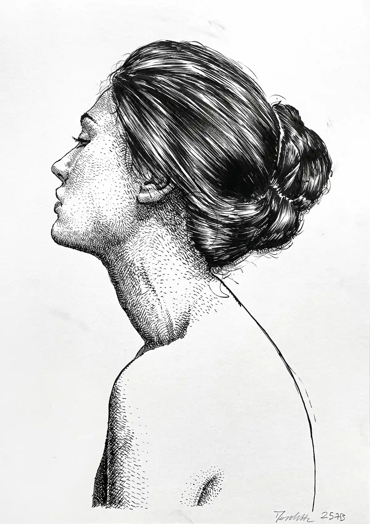 Female ink drawing for sale, profile portrait of a woman with detailed black ink shading on paper