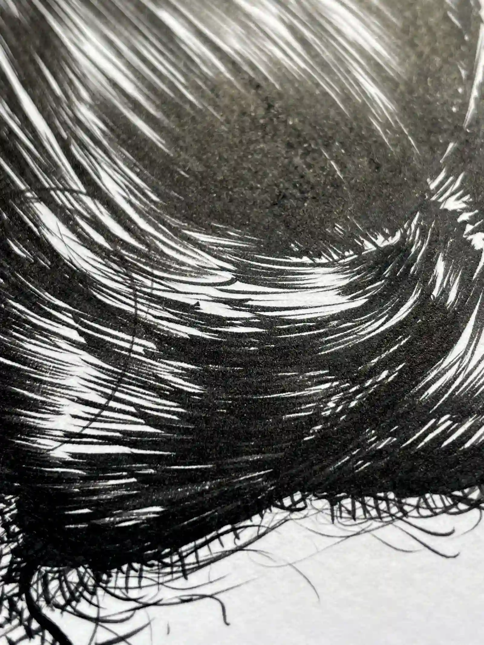 Black ink drawing detail of female hair with strong contrast and line texture