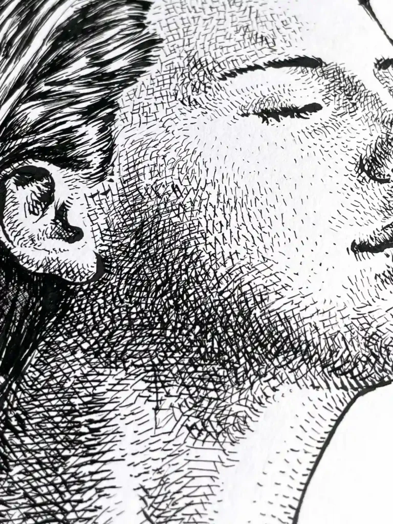 female nude ink artwork detail face crosshatching ink drawing on paper
