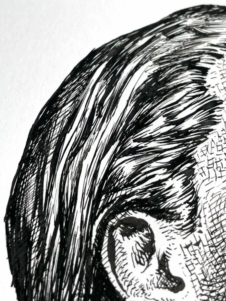 female nude ink artwork detail hair shading fine line ink drawing