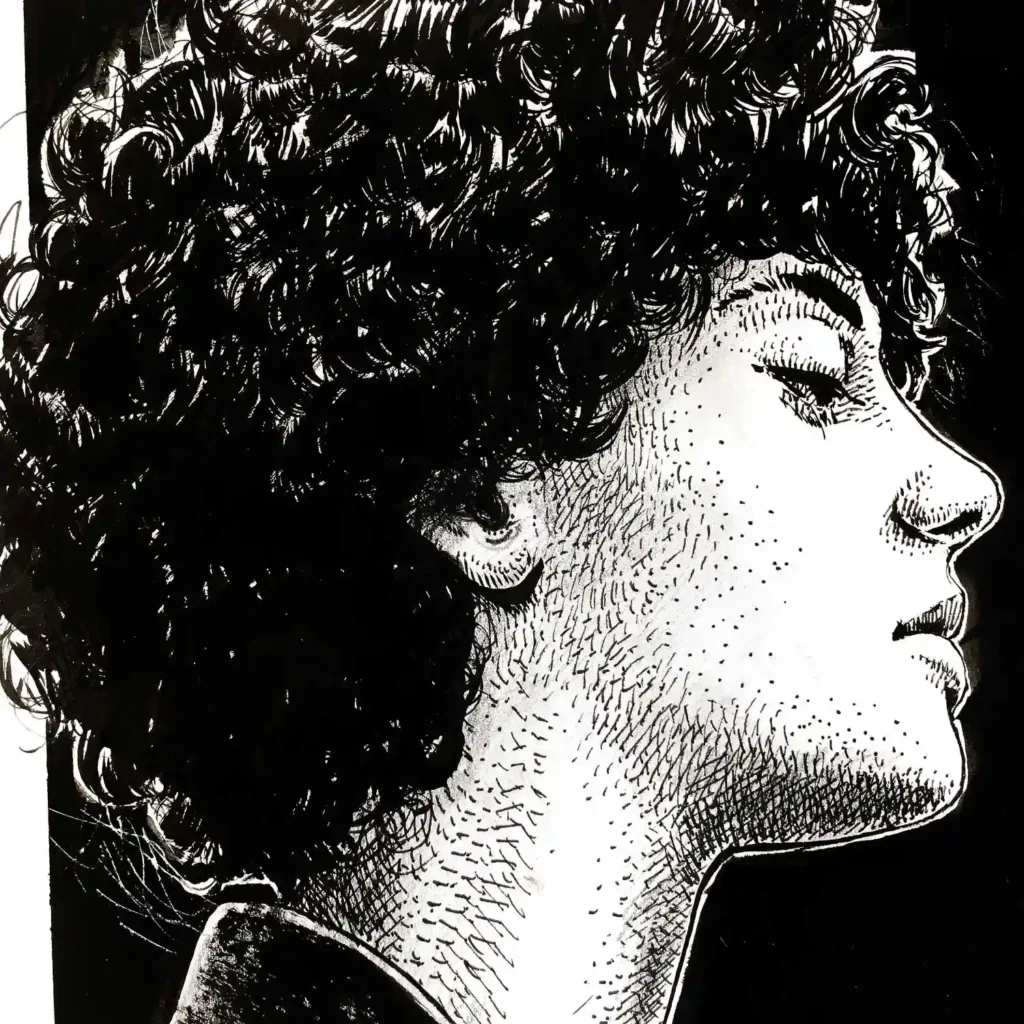 Detail of female profile ink drawing with expressive linework and tonal shading