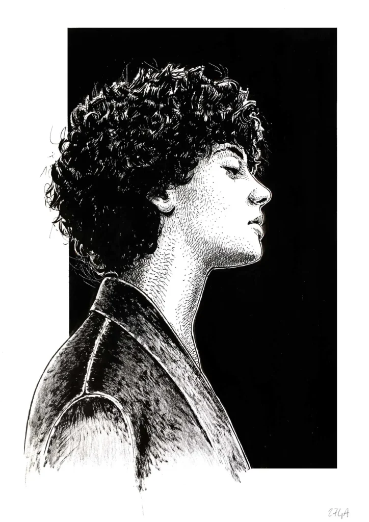 Female profile ink drawing for sale, original artwork by Dario Moschetta on paper