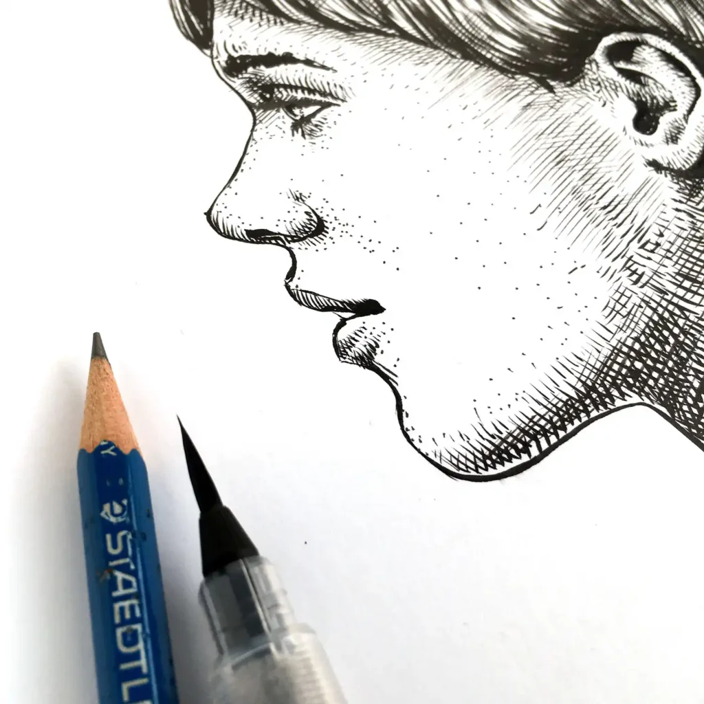Detail of female profile ink portrait showing face and linework on paper