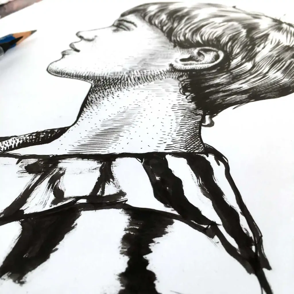 Detail of neck and clothing in female profile ink portrait drawing with ink shading