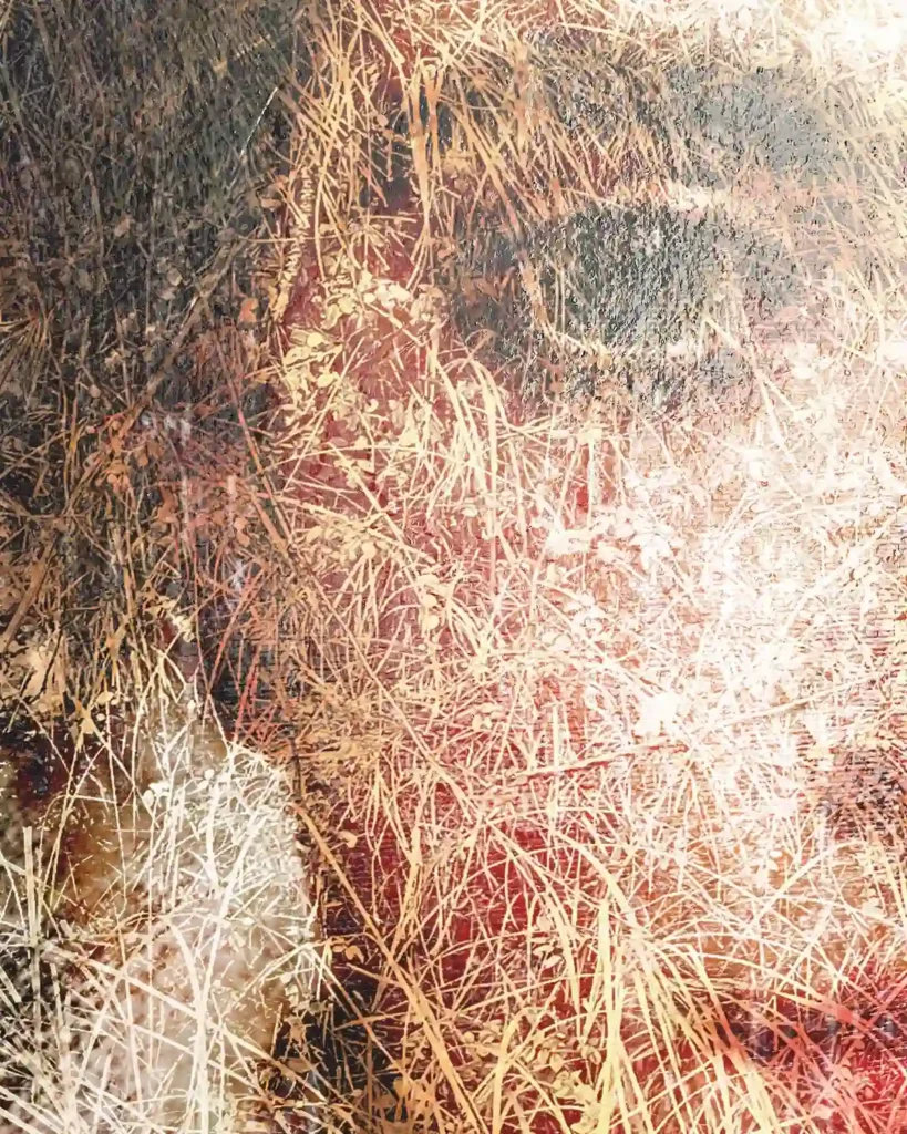 Detail of female portrait painting with layered acrylic textures by Dario Moschetta