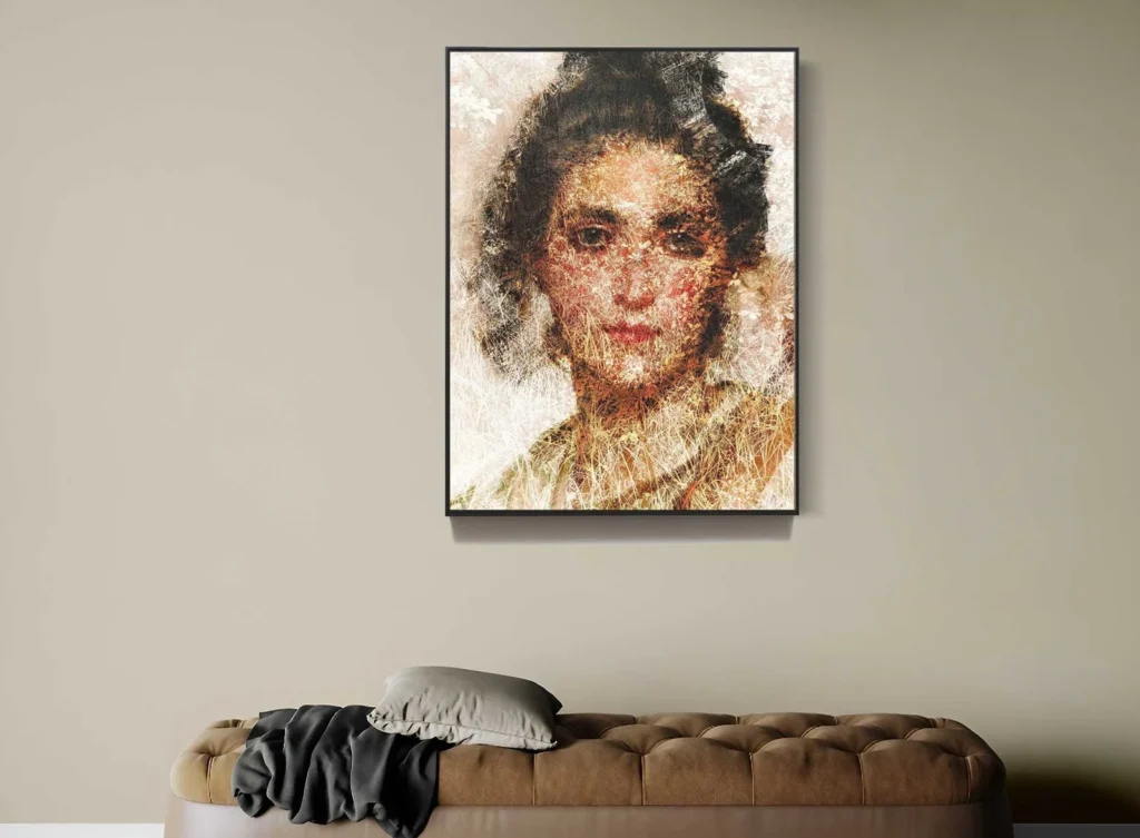 Female profile portrait painting on canvas by Dario Moschetta displayed on a wall interior