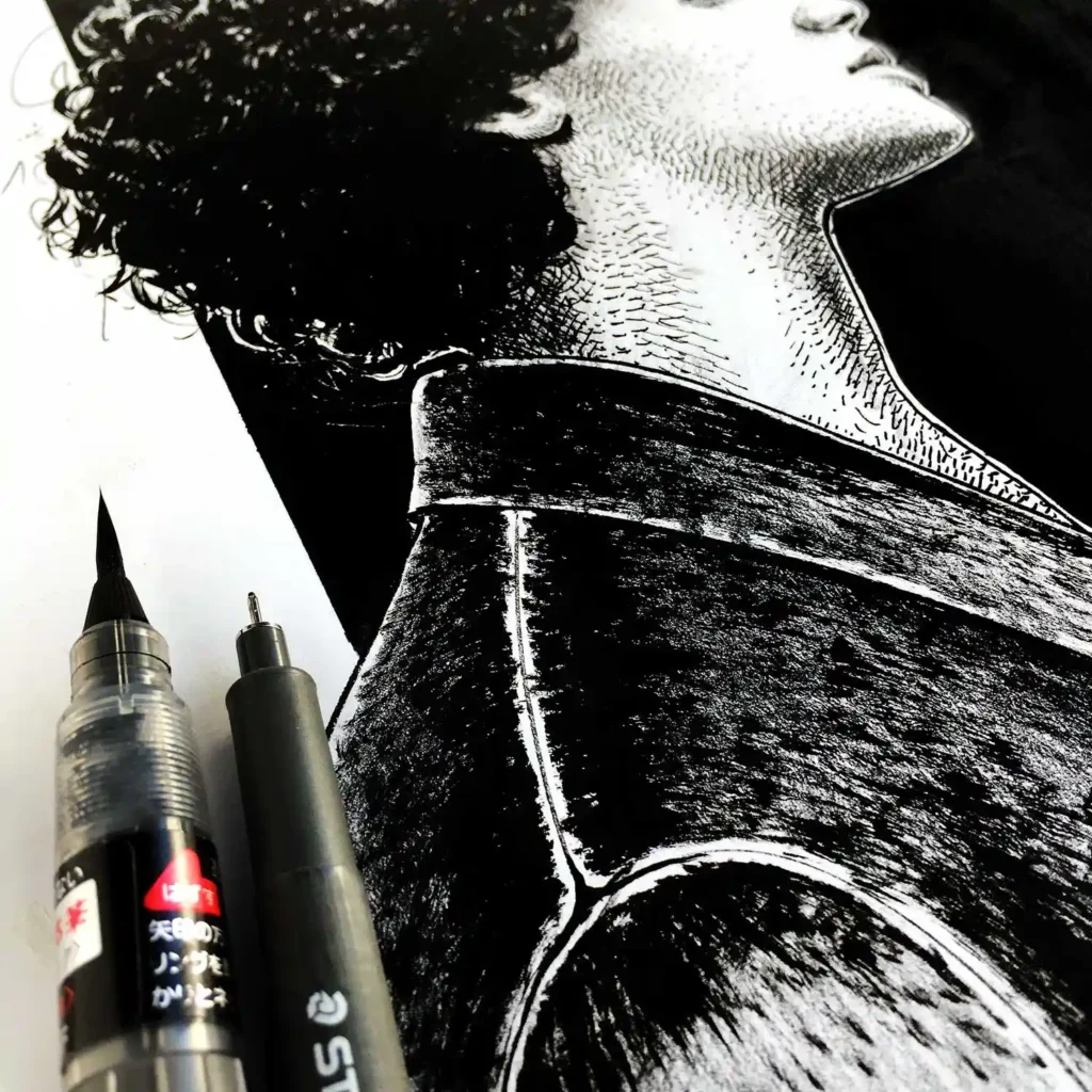 Close-up of ink drawing texture with pen tools showing detailed linework on paper