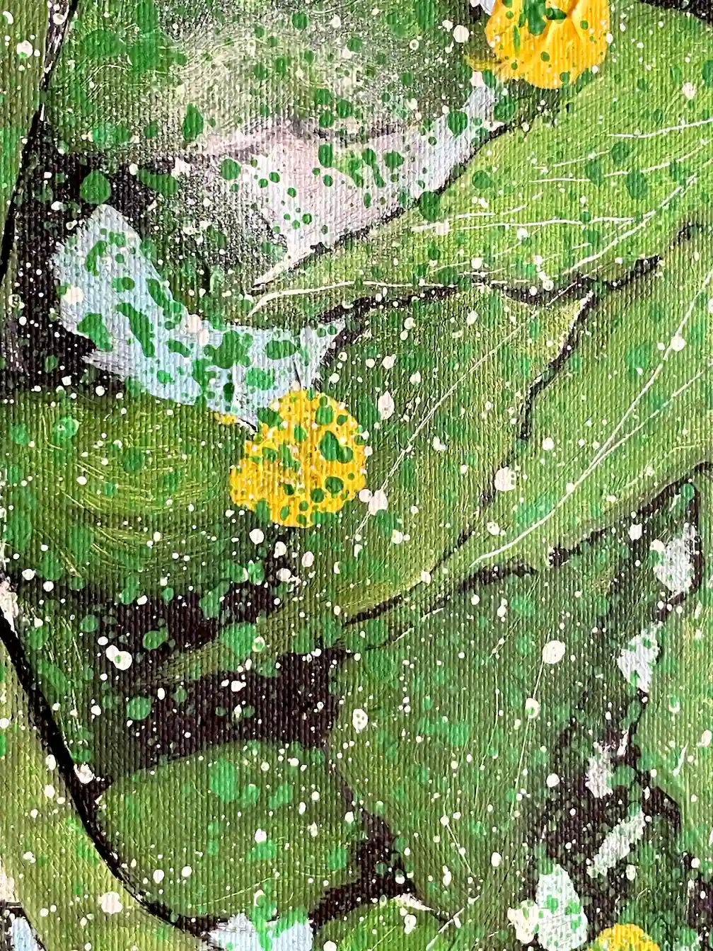 Leaves of Light texture detail – acrylic splashes and layered brushwork on canvas