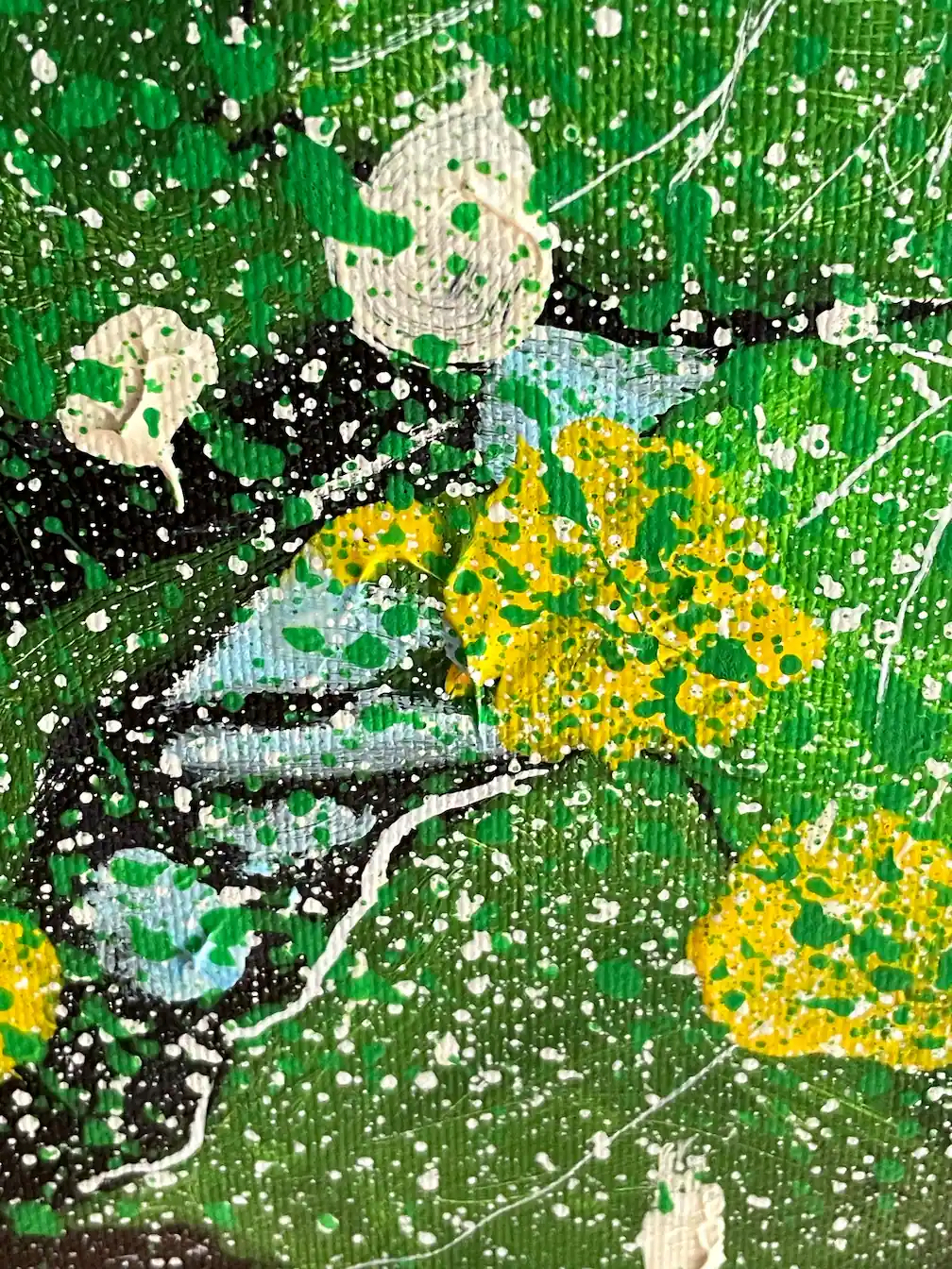 Leaves of Light detail – yellow floral elements and green layered paint texture