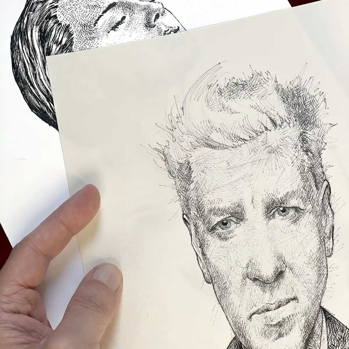 Original ink drawings auction preview featuring David Lynch portrait, opening March 26