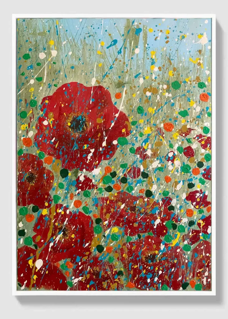 red abstract floral painting for sale Blooming Fragments of Color by Dario Moschetta