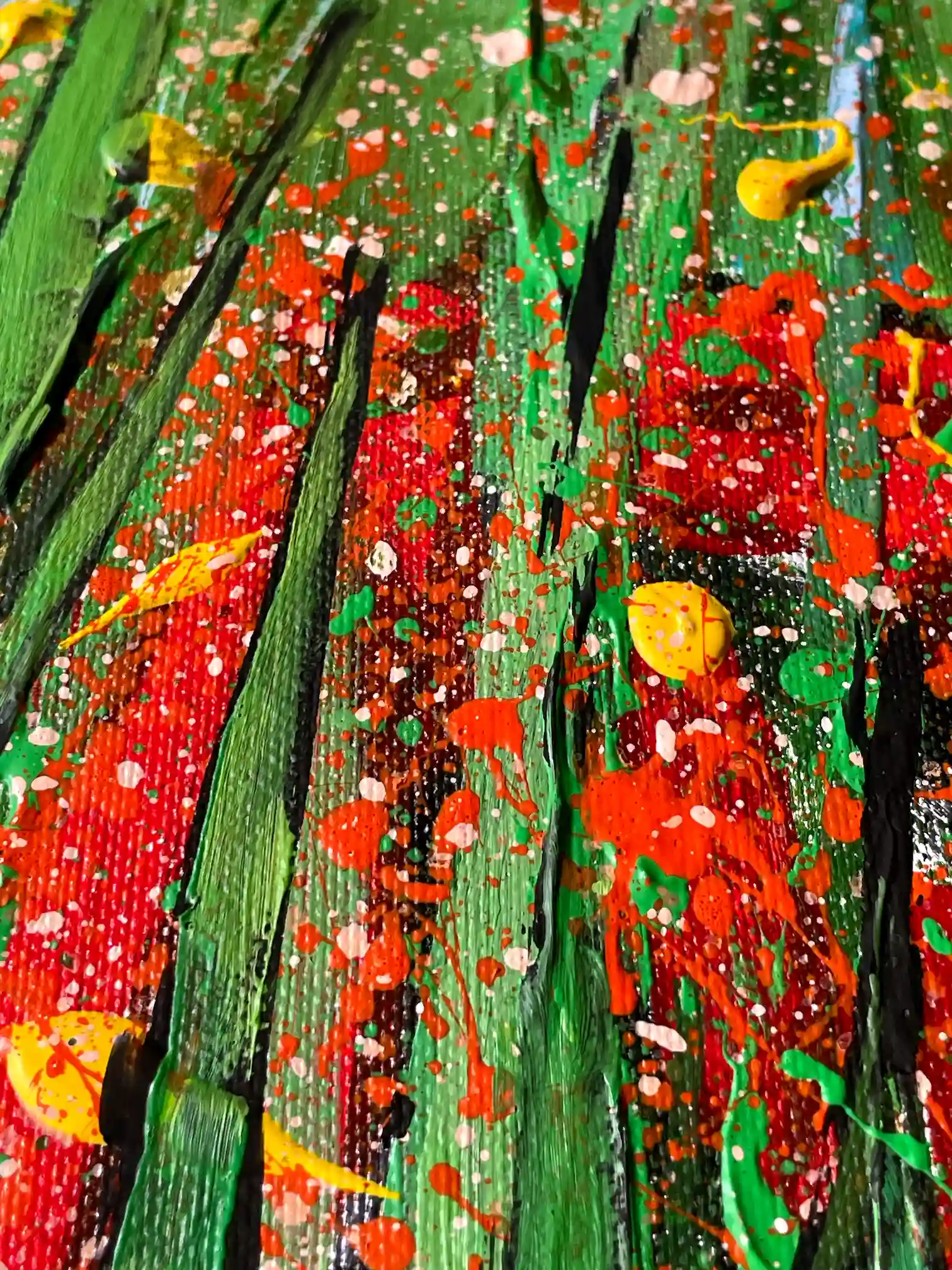 Scarlet Rising detail – red floral abstraction with green vertical strokes