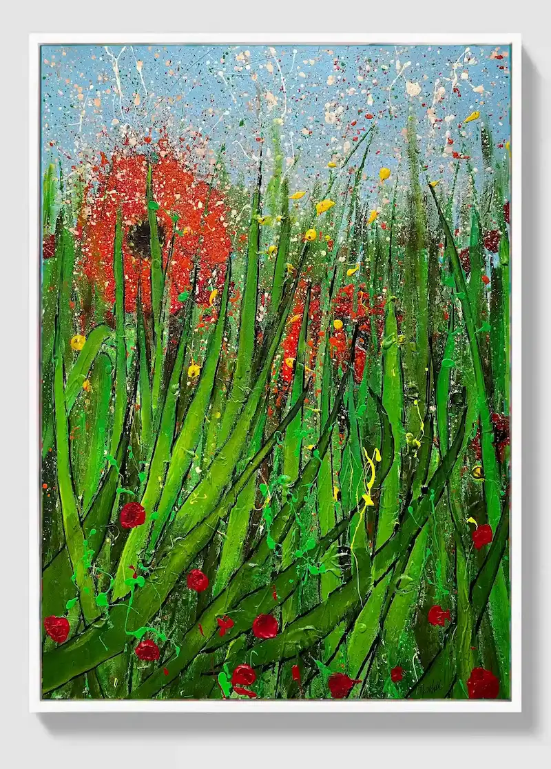 Scarlet Rising, original red abstract painting for sale, acrylic on canvas by Dario Moschetta