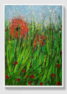 Scarlet Rising – contemporary floral abstract acrylic painting on canvas, 48×67 cm, Sunlight Blooms series by Dario Moschetta