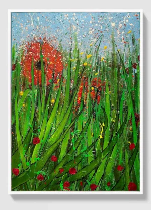 Scarlet Rising – contemporary floral abstract acrylic painting on canvas, 48×67 cm, Sunlight Blooms series by Dario Moschetta