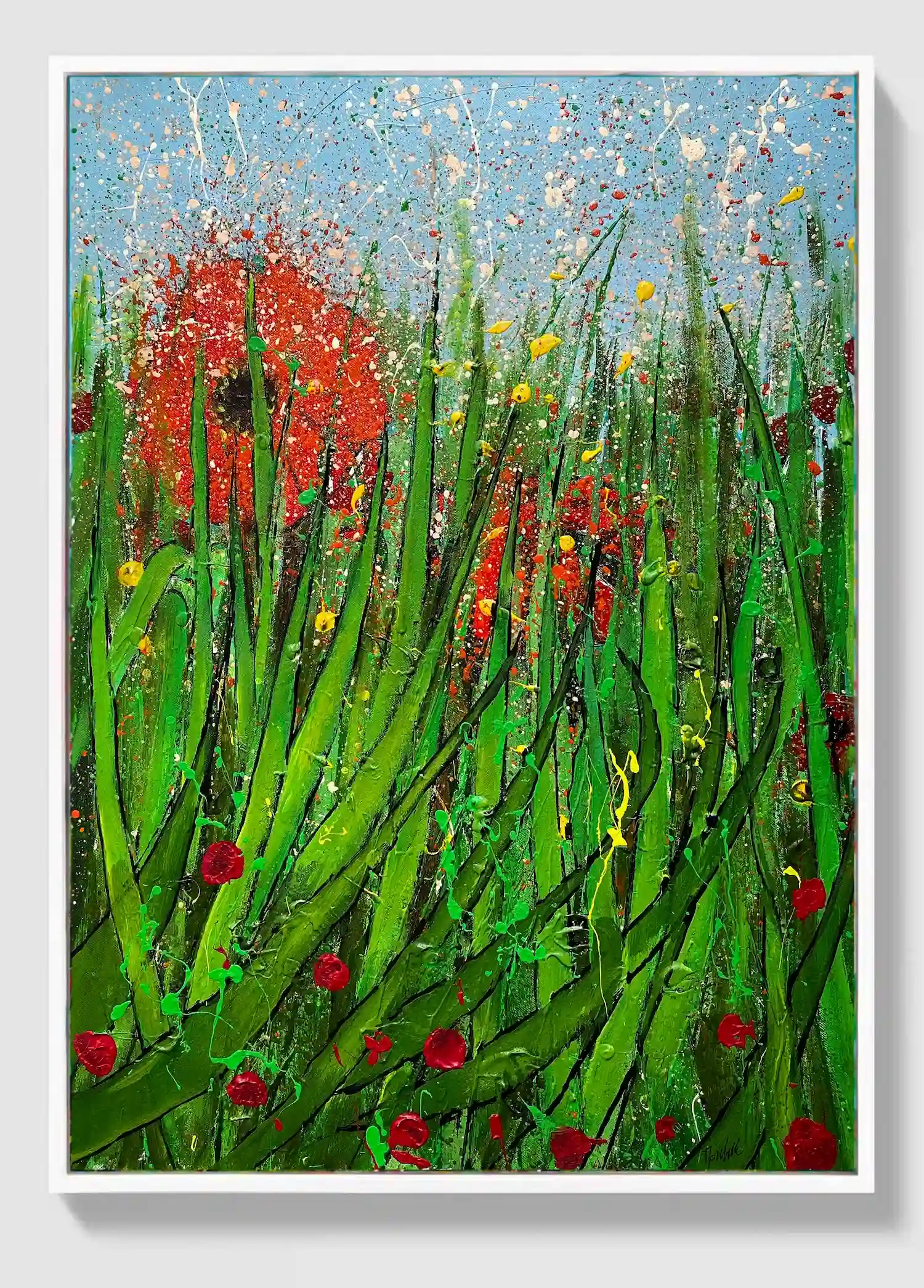 Scarlet Rising – contemporary floral abstract acrylic painting on canvas, 48×67 cm, Sunlight Blooms series by Dario Moschetta