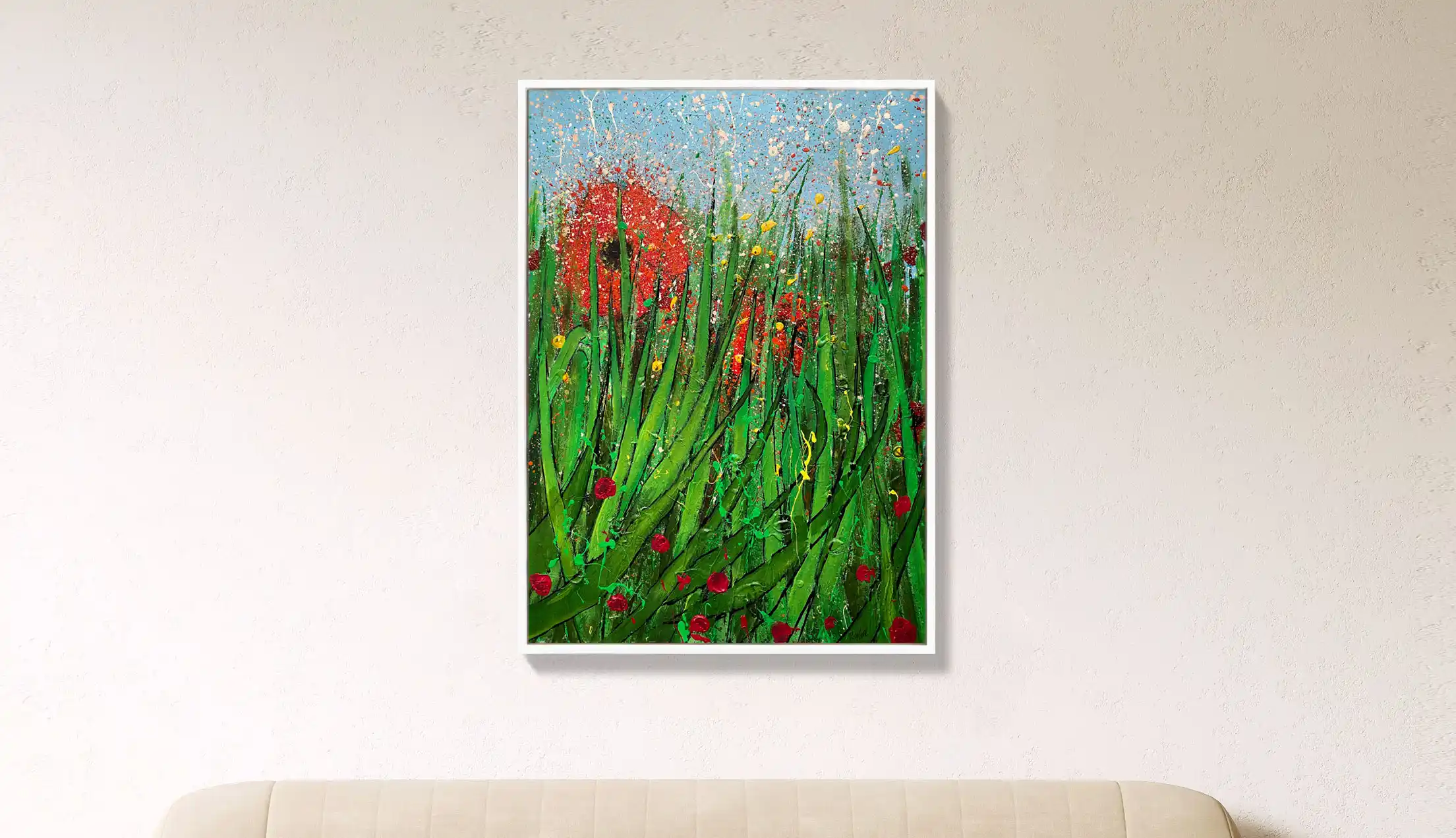 Scarlet Rising, original red abstract painting for sale by Dario Moschetta displayed in modern interior