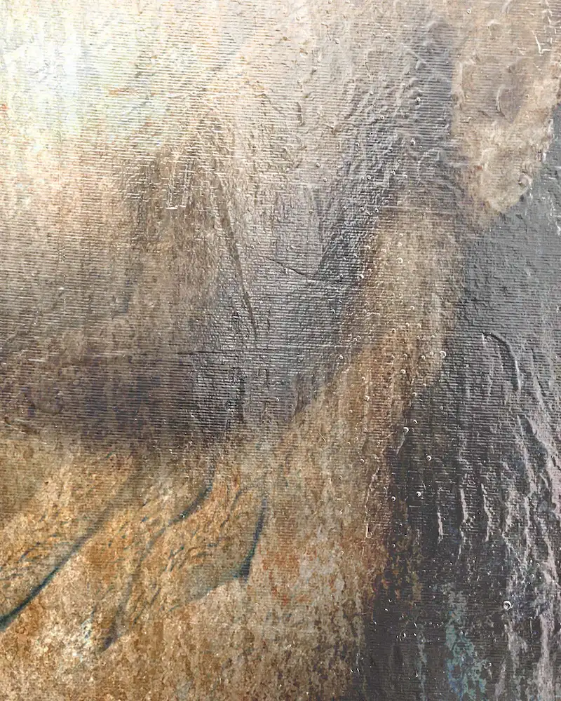 Detail of sculptural nude artwork showing layered acrylic oil stencil surface