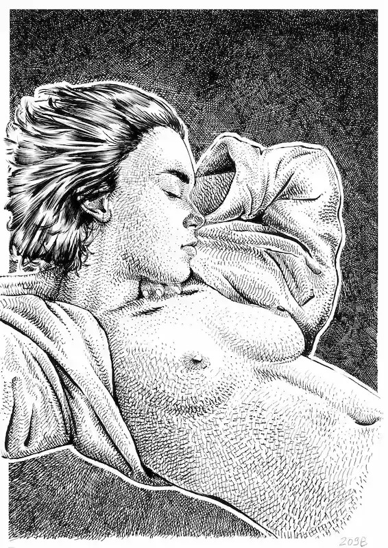 Female side profile ink drawing 262B — original on paper by Dario Moschetta