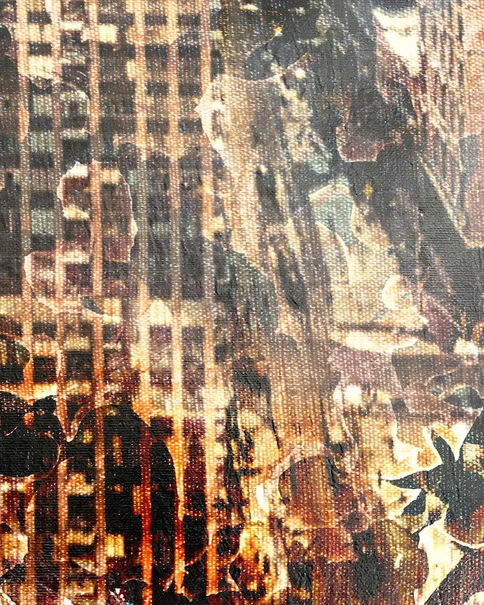 Close-up of amber cityscape painting with abstract urban structures and layered composition
