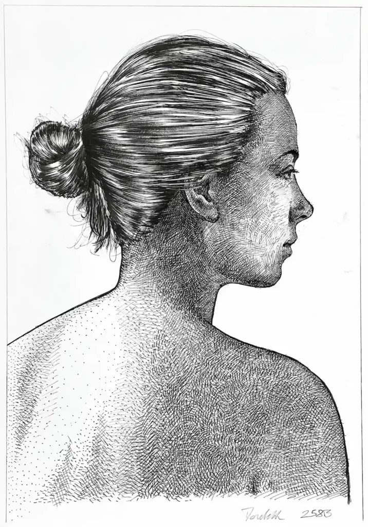 black ink female portrait drawing for sale original artwork full view