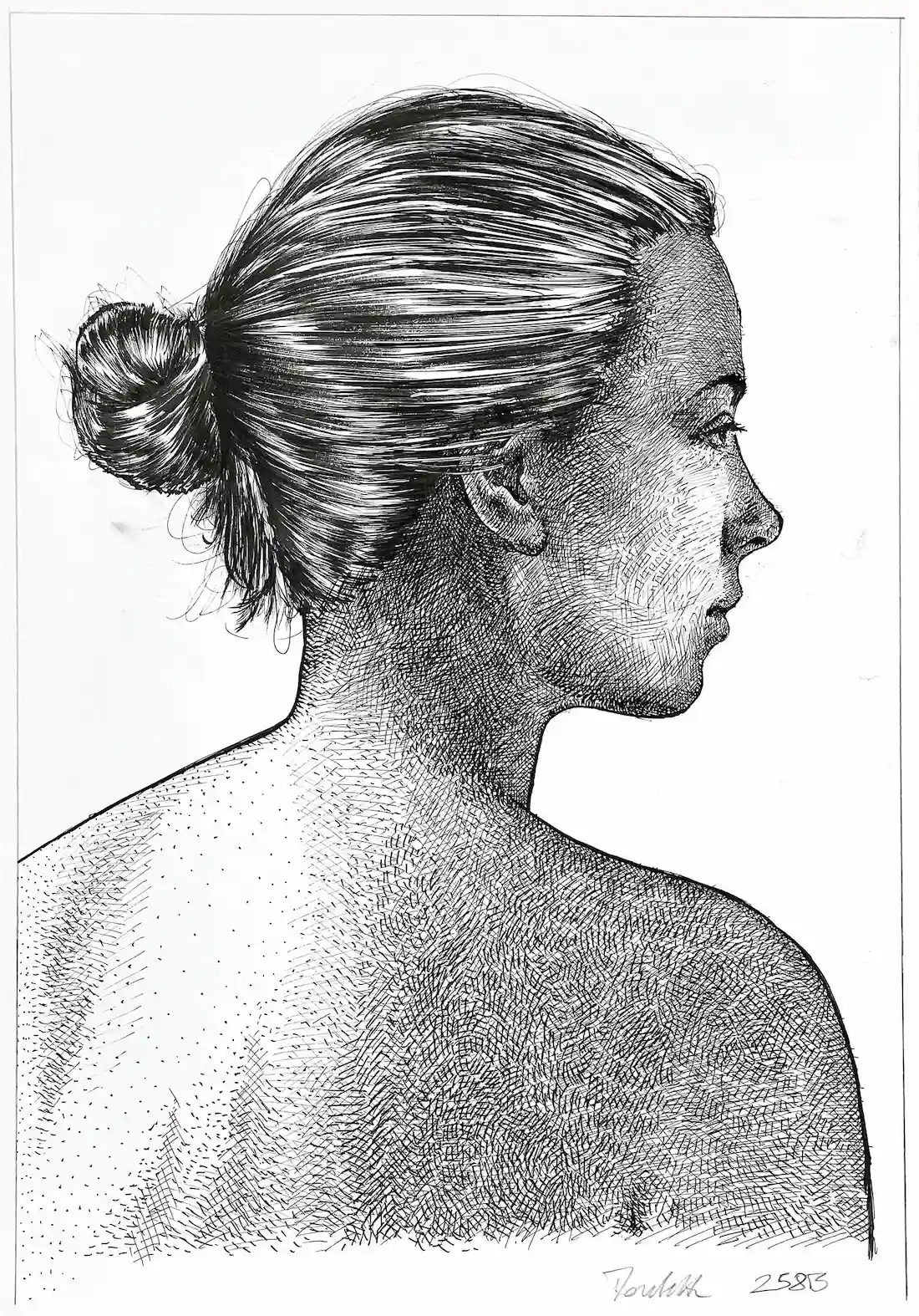 black ink female portrait drawing for sale original artwork full view