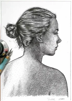 black ink female portrait drawing for sale on paper studio view with tools