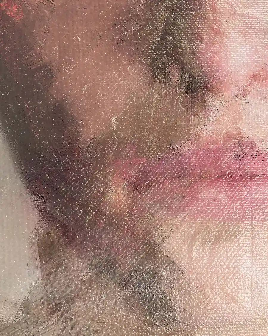 Expressive female portrait painting close-up – texture and brushwork, mixed media on canvas