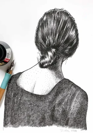 female back ink drawing on paper with pen and ink tools in studio setting