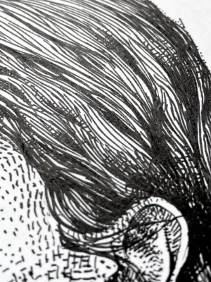 Female ink drawing detail — stippling and crosshatching on hair, Portrait 261B