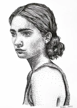 Female ink drawing on paper for sale — Portrait 261B by Dario Moschetta