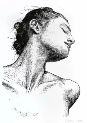 female side profile ink drawing for sale original artwork on paper