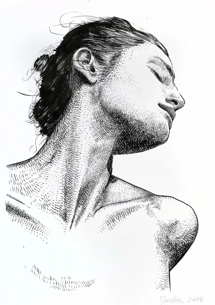 female side profile ink drawing for sale original artwork on paper