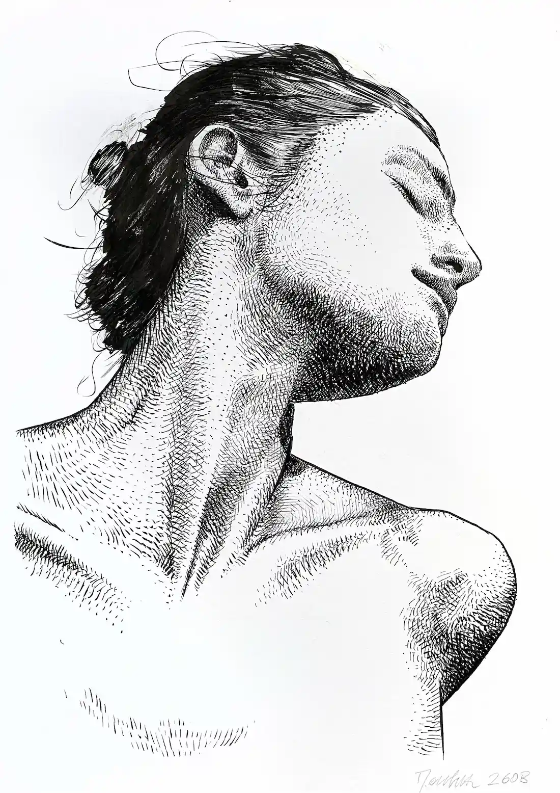 Ink profile portrait for sale, female side profile ink drawing on paper by Dario Moschetta