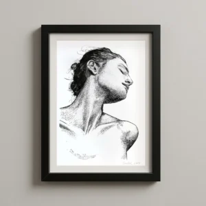 female side profile ink drawing for sale framed on wall contemporary artwork