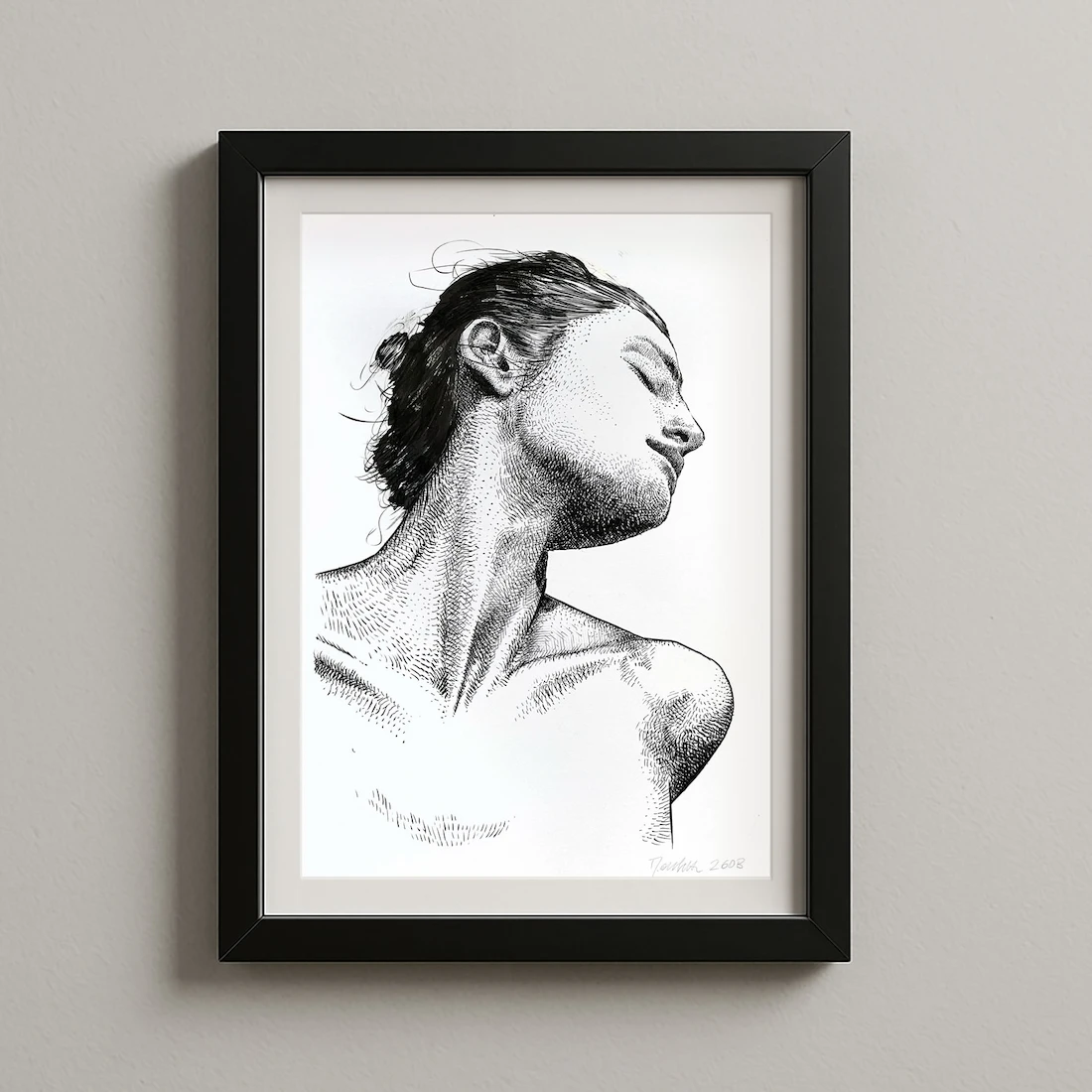 female side profile ink drawing for sale framed on wall contemporary artwork