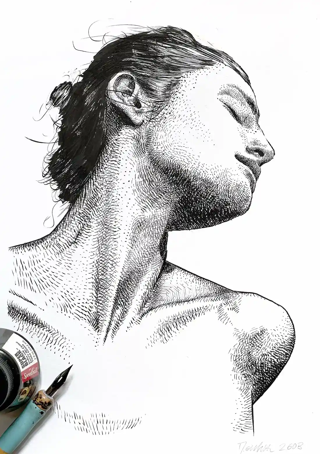 female side profile ink drawing with pen and ink tools on paper