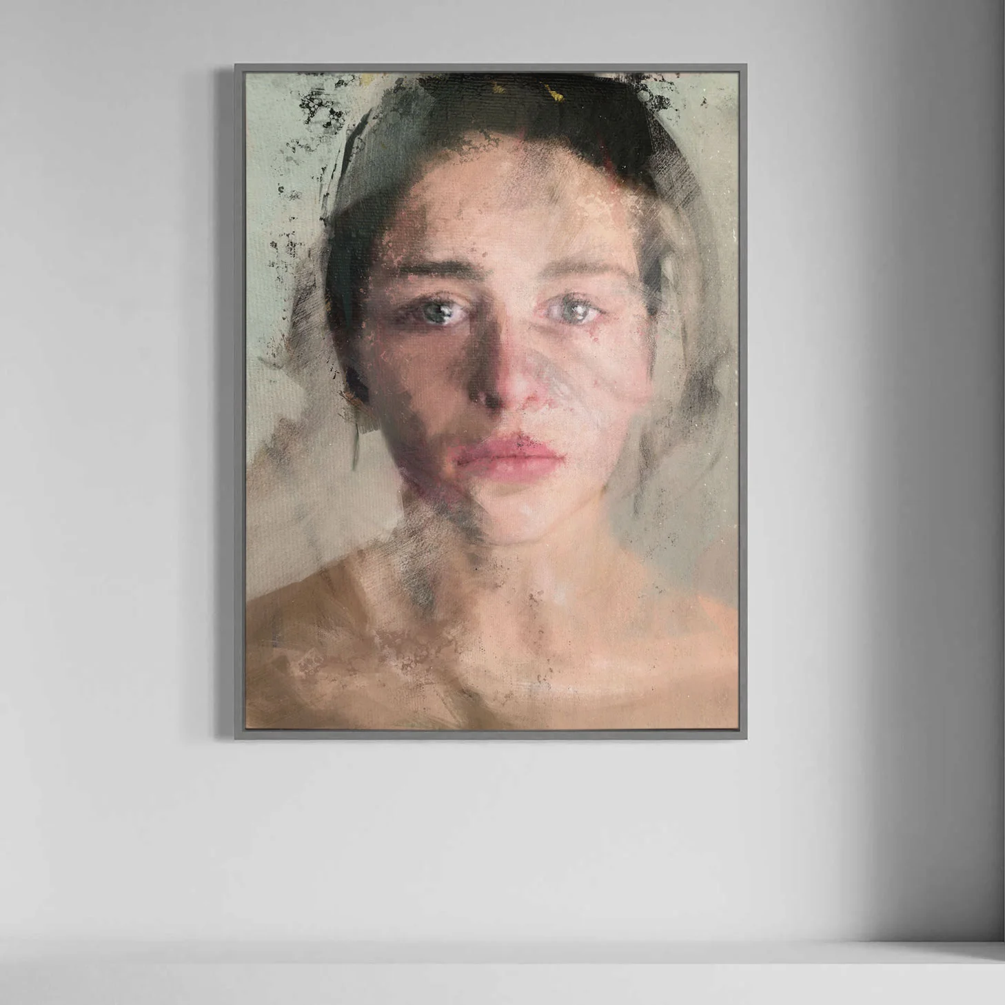 Mixed media portrait painting for sale – Fragments of Emotion, original artwork by Dario Moschetta, full view
