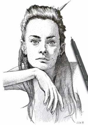 original female ink drawing on paper for sale structure detail, dense crosshatching and line construction in ink portrait