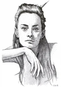 original female ink drawing on paper for sale Wild Calm, contemporary female portrait with hand in foreground and detailed linework