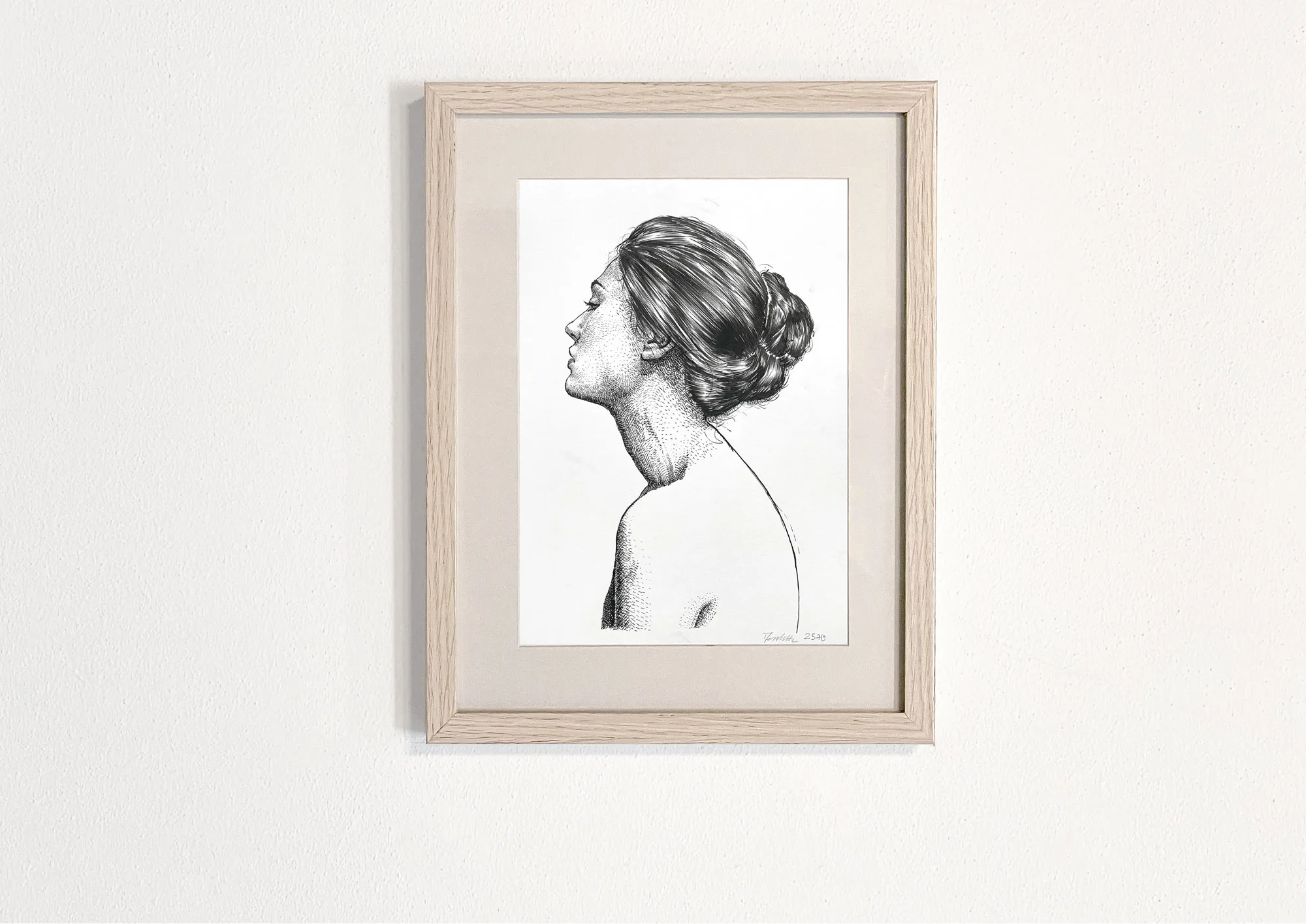 Original ink drawing for sale – female portrait in black ink on paper, framed artwork by Dario Moschetta