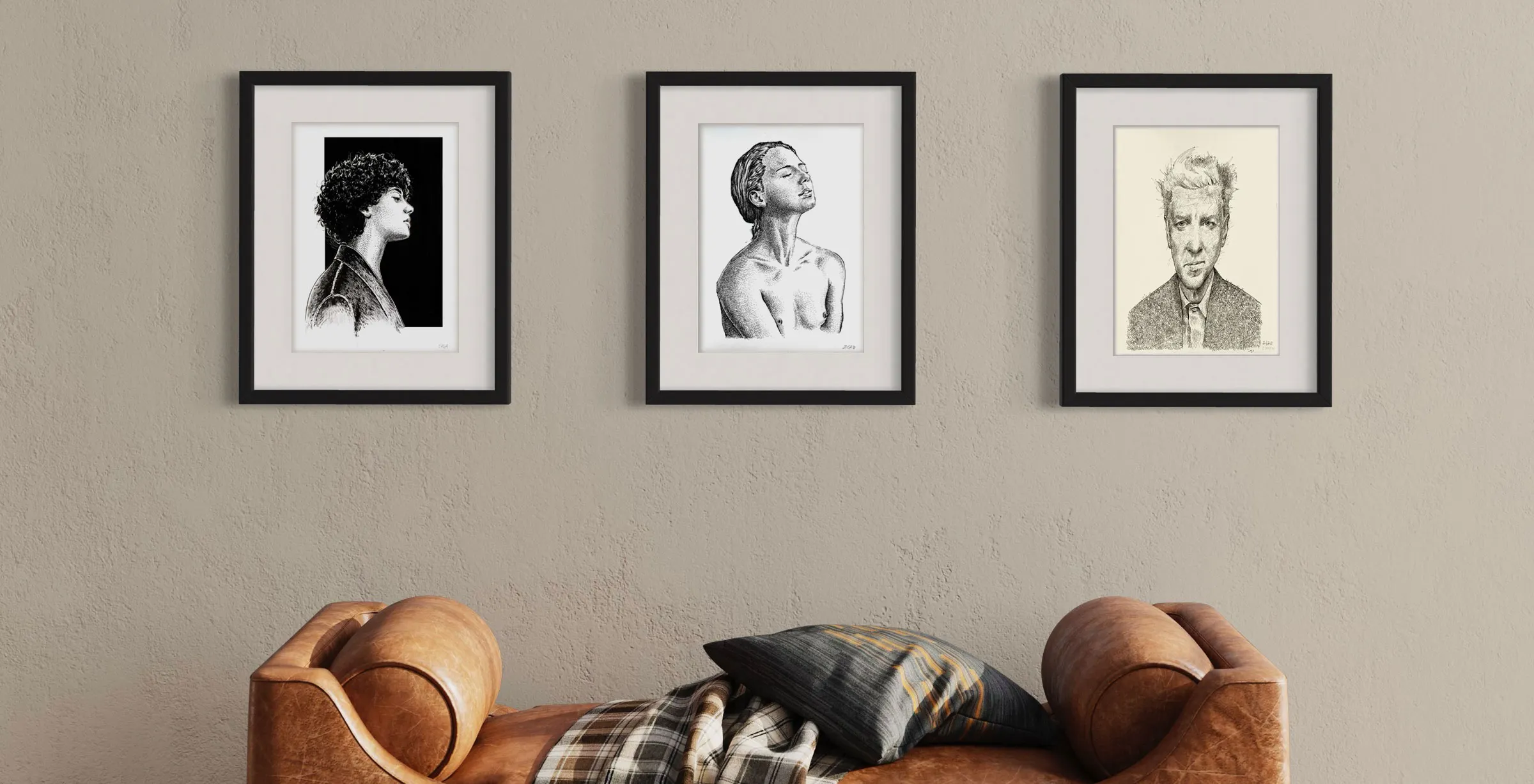 Original ink drawings auction, three framed artworks for sale by contemporary artist Dario Moschetta in interior setting