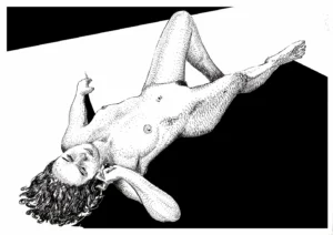 reclining female nude ink drawing for sale – Lifted Pulse, full view, original artwork by Dario Moschetta