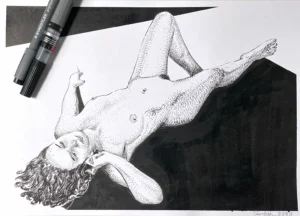 reclining female nude ink drawing studio view – black ink on 240g paper, original artwork 238B by Dario Moschetta