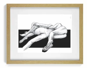 sensual nude ink drawing framed – Bodies Entwined original artwork displayed in oak frame, Dario Moschetta