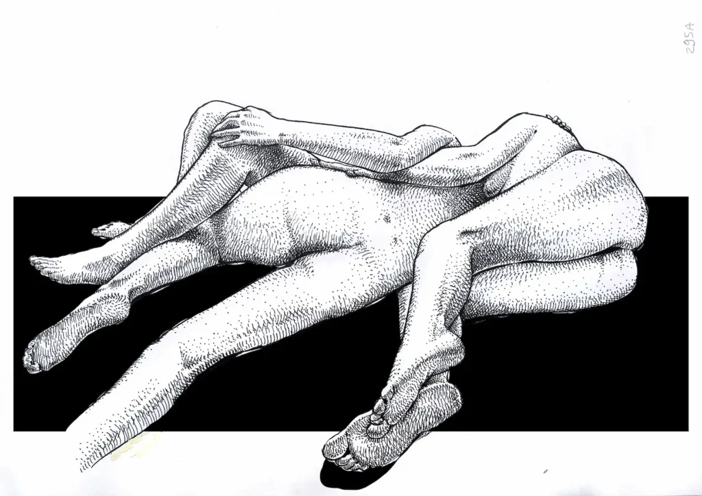 sensual nude ink drawing original for sale – Bodies Entwined full view, A3 black ink on paper 295A