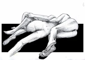 sensual nude ink drawing original for sale – Bodies Entwined full view, A3 black ink on paper 295A