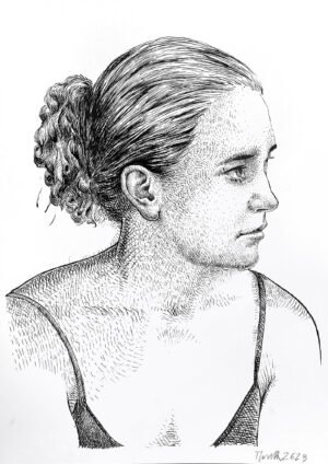 Female side profile ink drawing – Portrait 262B by Dario Moschetta