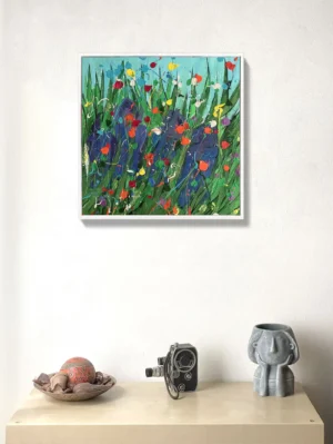 Abstract iris painting in interior setting – "Iris Rush", acrylic on canvas, 40×40 cm, Dario Moschetta